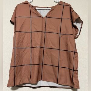 SHEIN Brown Grid Short Sleeve Top